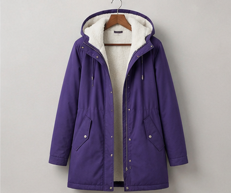 Théodora hooded fleece-lined parka in burgundy, front view on hanger