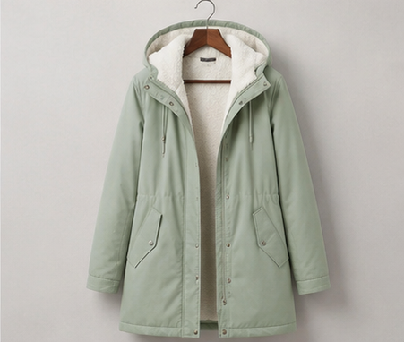 Théodora hooded fleece-lined parka in burgundy, front view on hanger