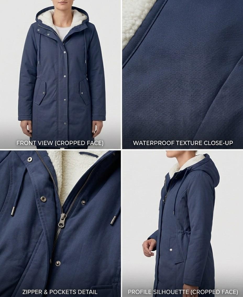 Théodora hooded fleece-lined parka in burgundy, front view on hanger