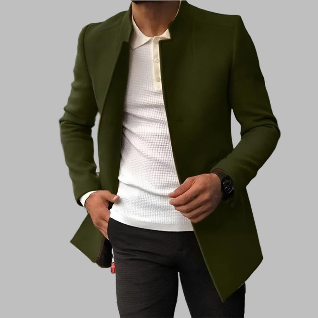 Theodore slim-fit collarless open-front wool coat in green, front view