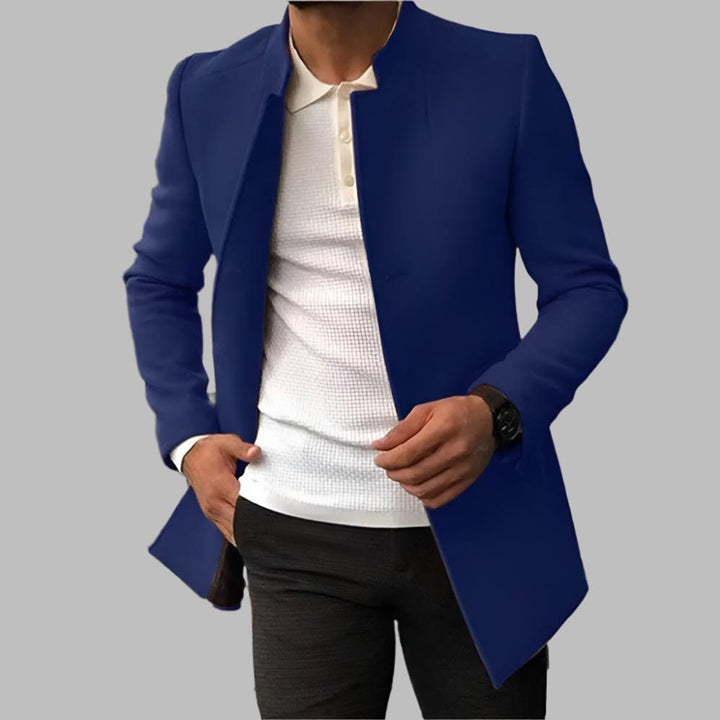 Theodore slim-fit collarless open-front wool coat in blue, front view