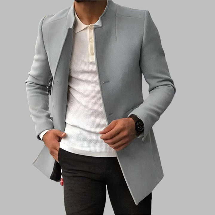 Theodore slim-fit collarless open-front wool coat in gray, front view