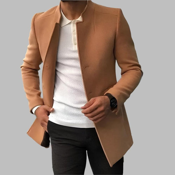 Theodore slim-fit collarless open-front wool coat in camel, front view