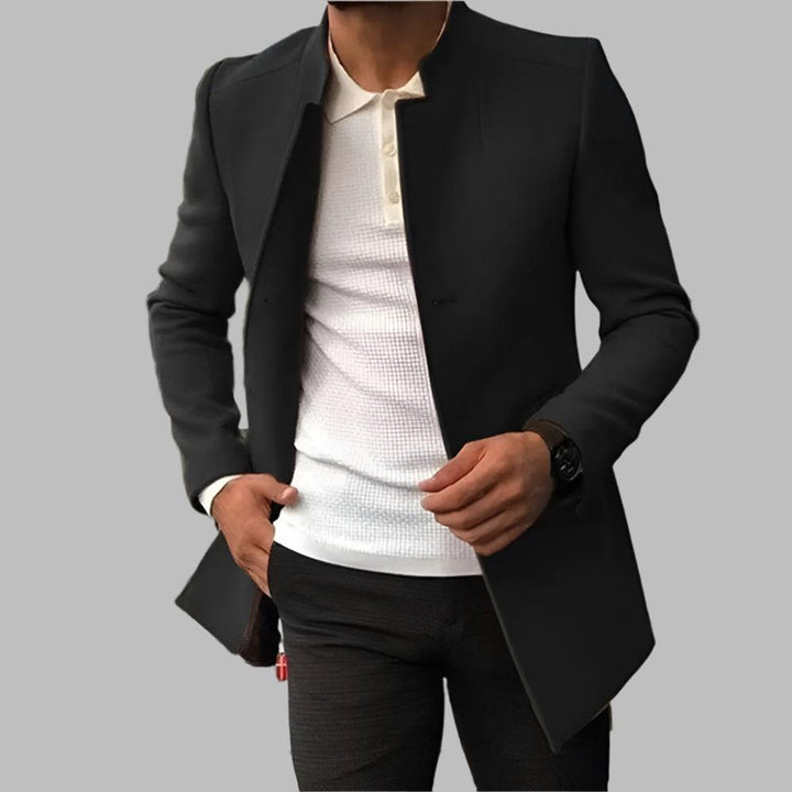 Theodore slim-fit collarless open-front wool coat in black, front view