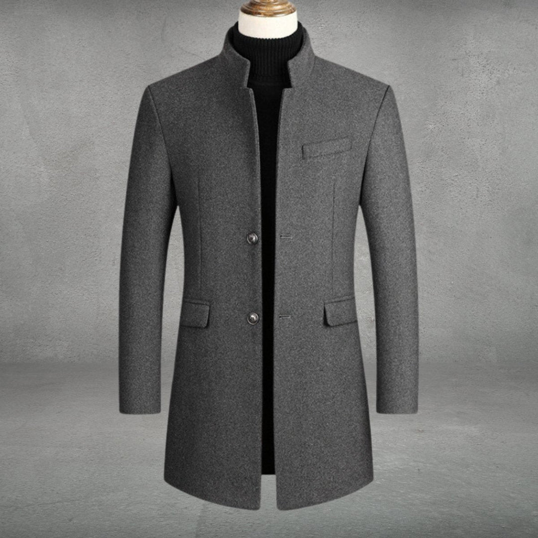Theodore slim-fit standing collar overcoat in gray, front view