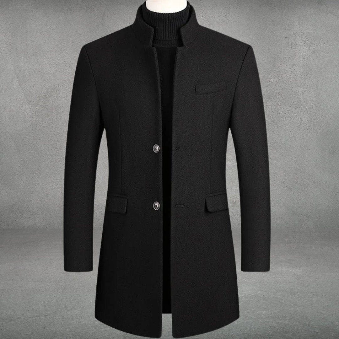 Theodore slim-fit standing collar overcoat in black, front view