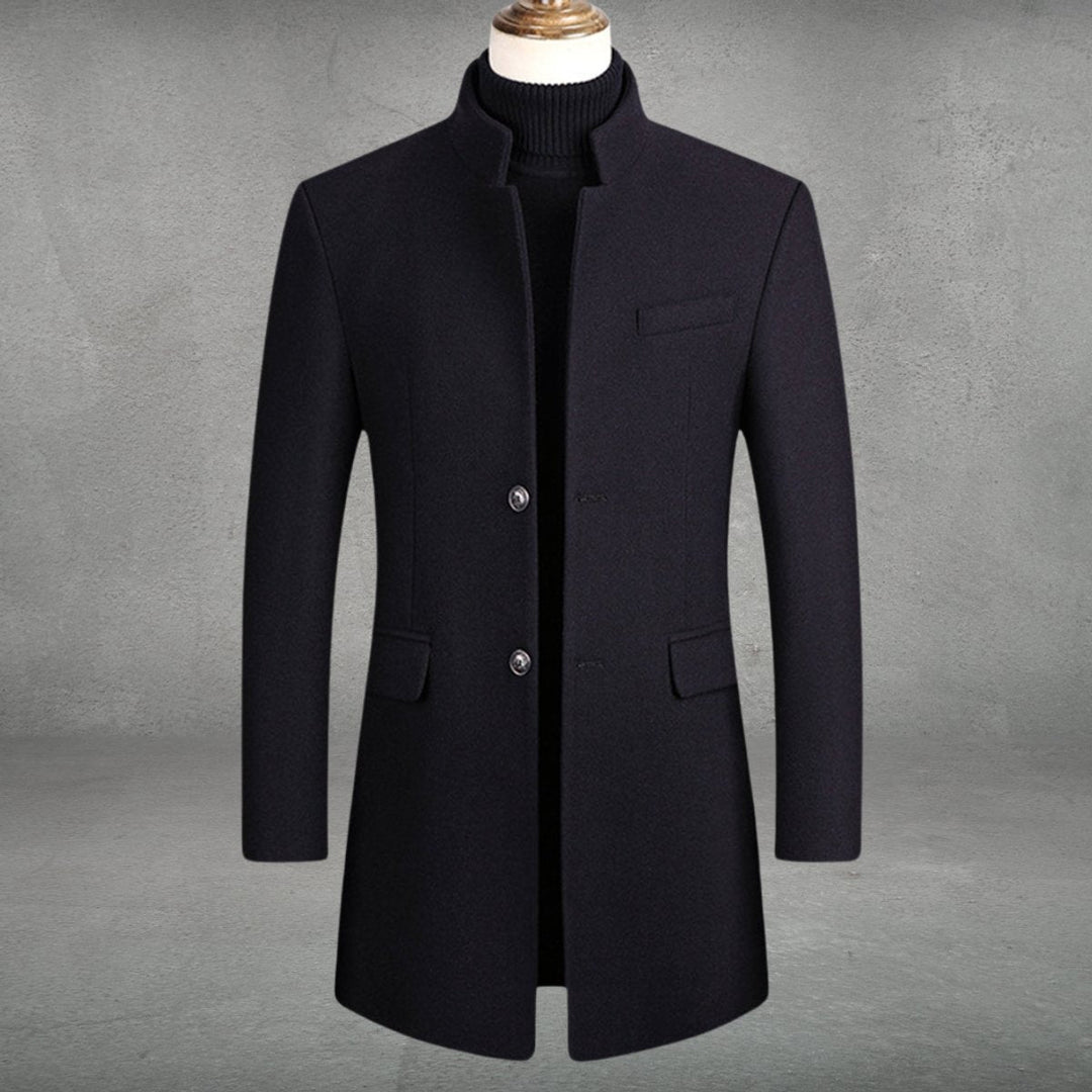 Theodore slim-fit standing collar overcoat in navy blue, front view