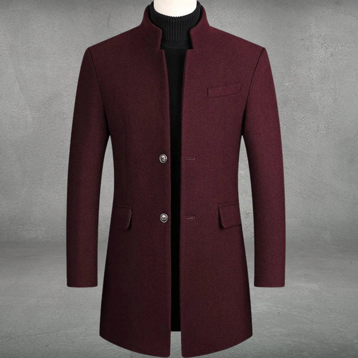 Theodore slim-fit standing collar overcoat in burgundy, front view