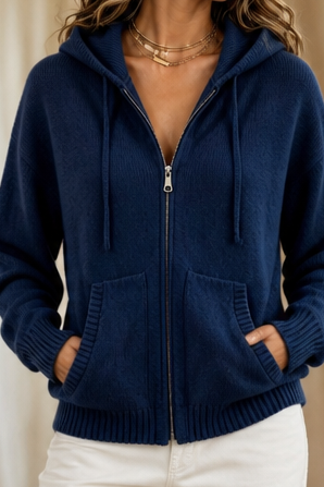 Thomasina hooded knit cardigan reflected in mirror, front view