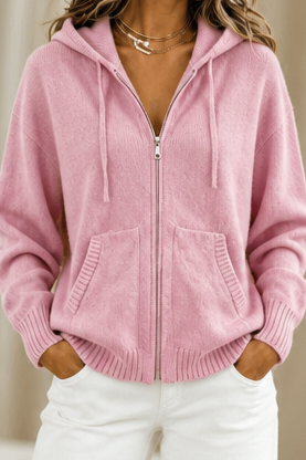 Thomasina hooded knit cardigan reflected in mirror, front view