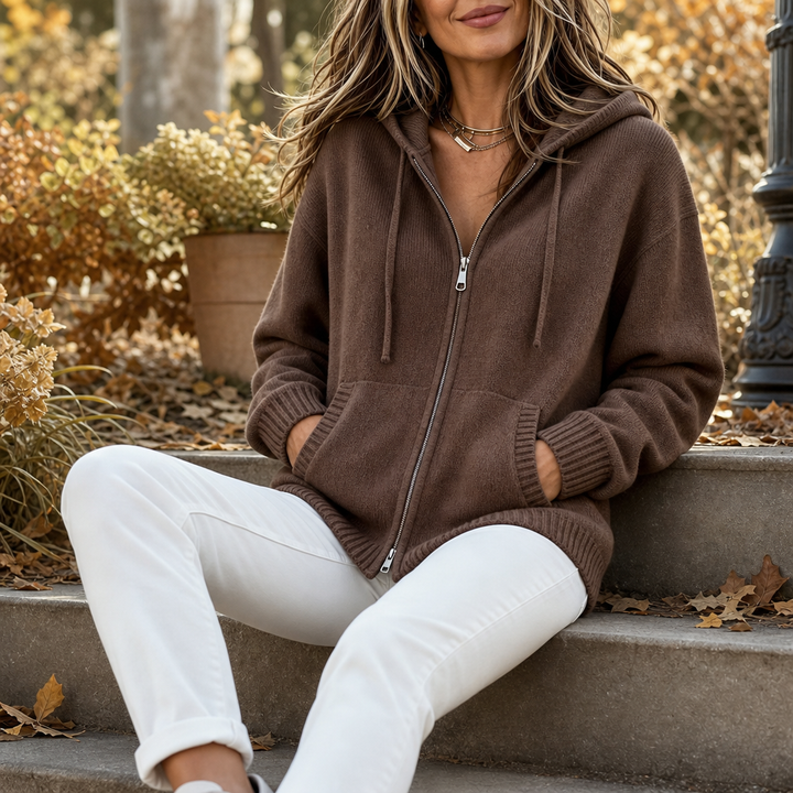 Thomasina hooded knit cardigan reflected in mirror, front view