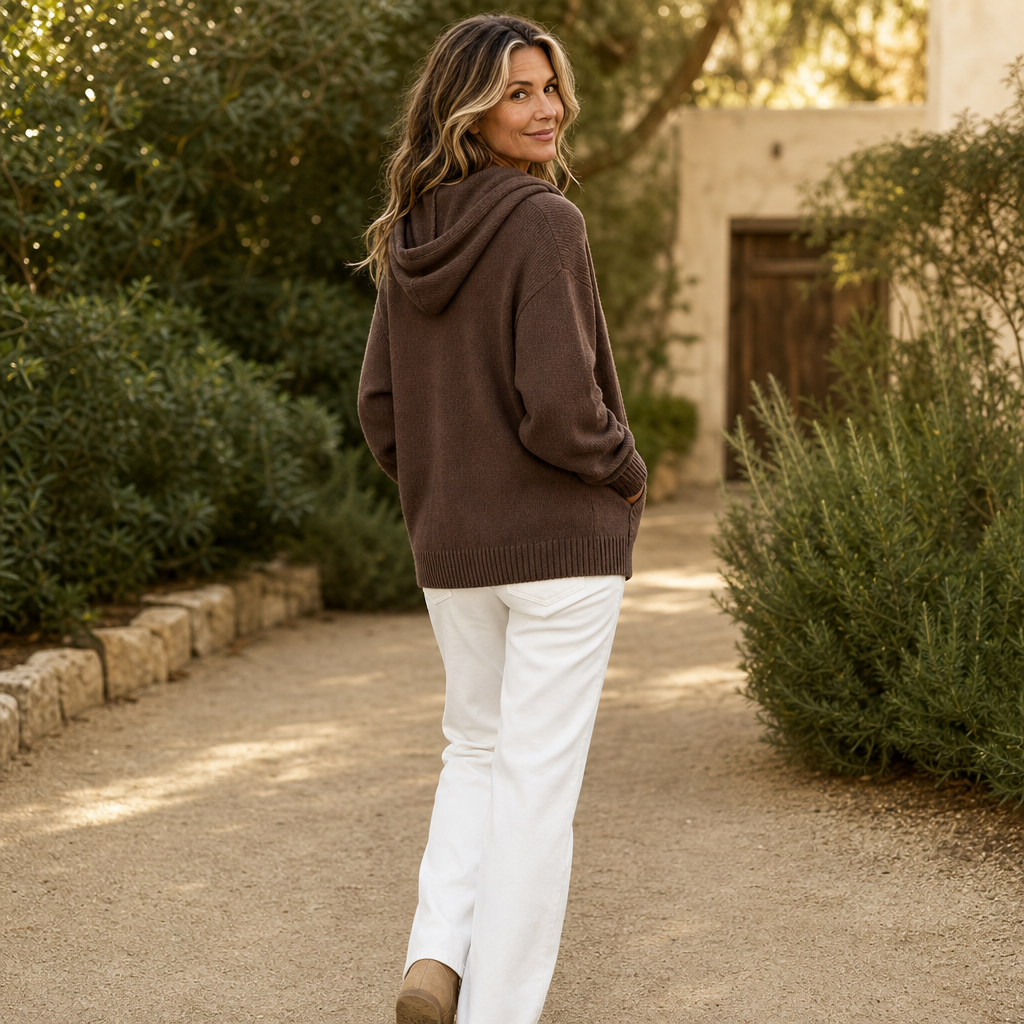 Thomasina hooded knit cardigan reflected in mirror, front view