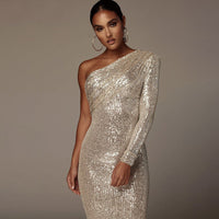 Valentina | Women's One-Shoulder Long Sleeve Sequin Midi Dress