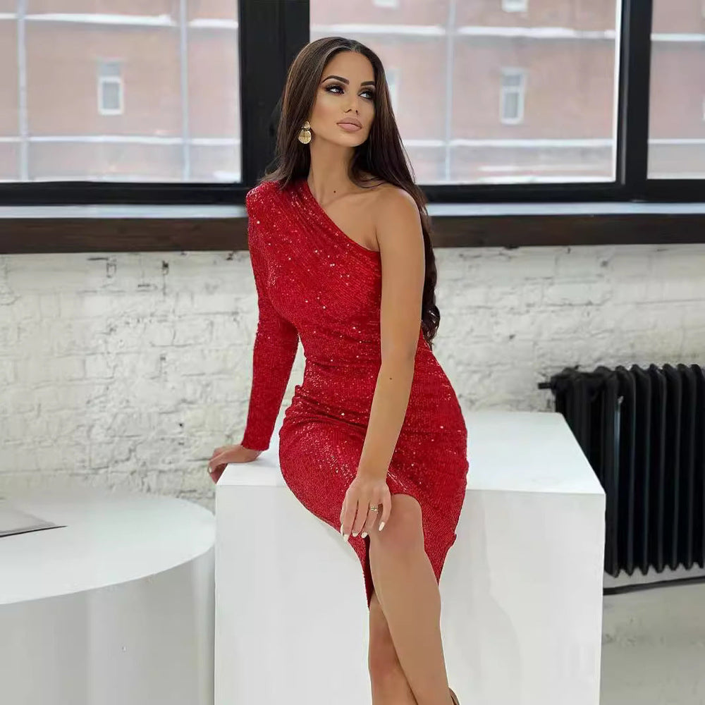 Valentina one-shoulder sequin midi dress in red, side seated pose