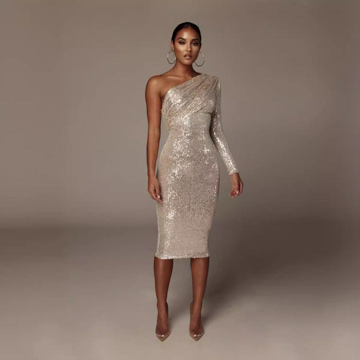 Valentina one-shoulder sequin midi dress in champagne, full front view