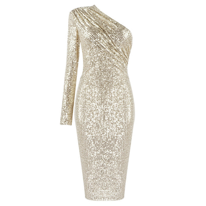 Valentina one-shoulder sequin midi dress in champagne, side profile view