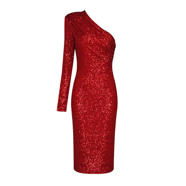 Valentina one-shoulder sequin midi dress in champagne, side profile view