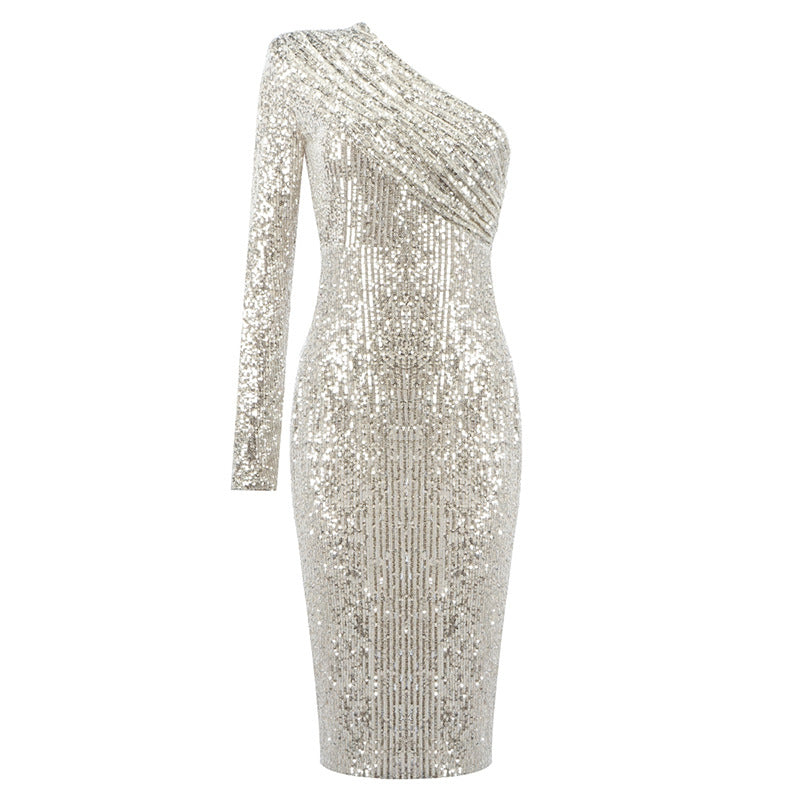 Valentina one-shoulder sequin midi dress in champagne, side profile view