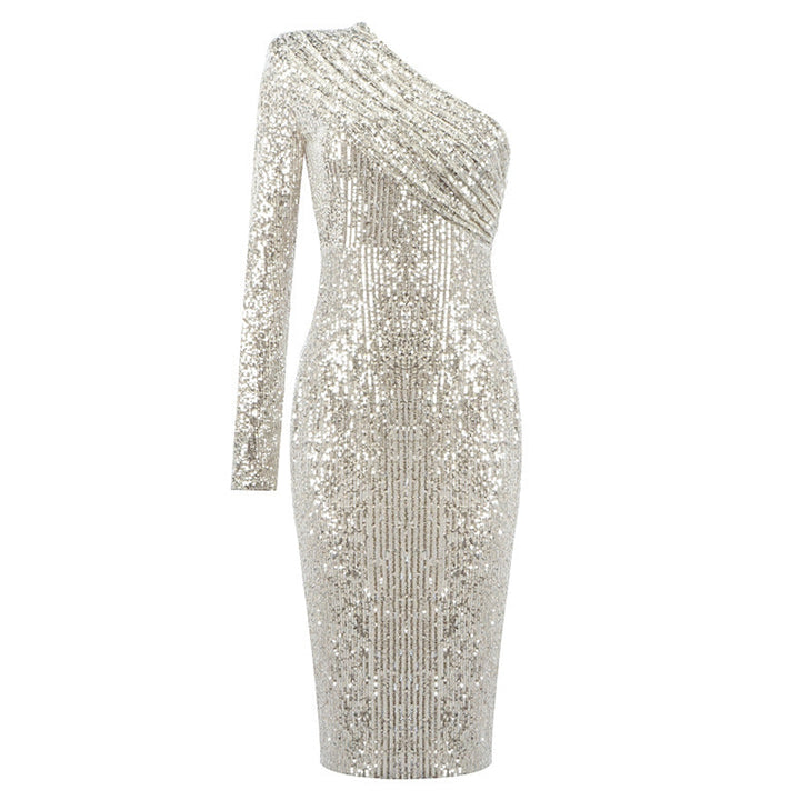 Valentina one-shoulder sequin midi dress in champagne, side profile view
