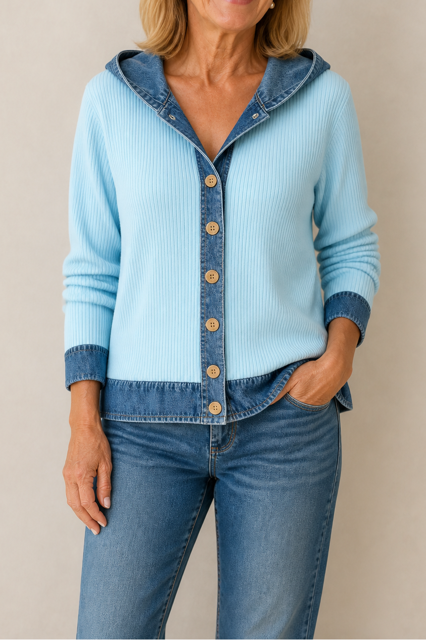 Rosalind | Women's Denim-Trim Hooded Knit Cardigan