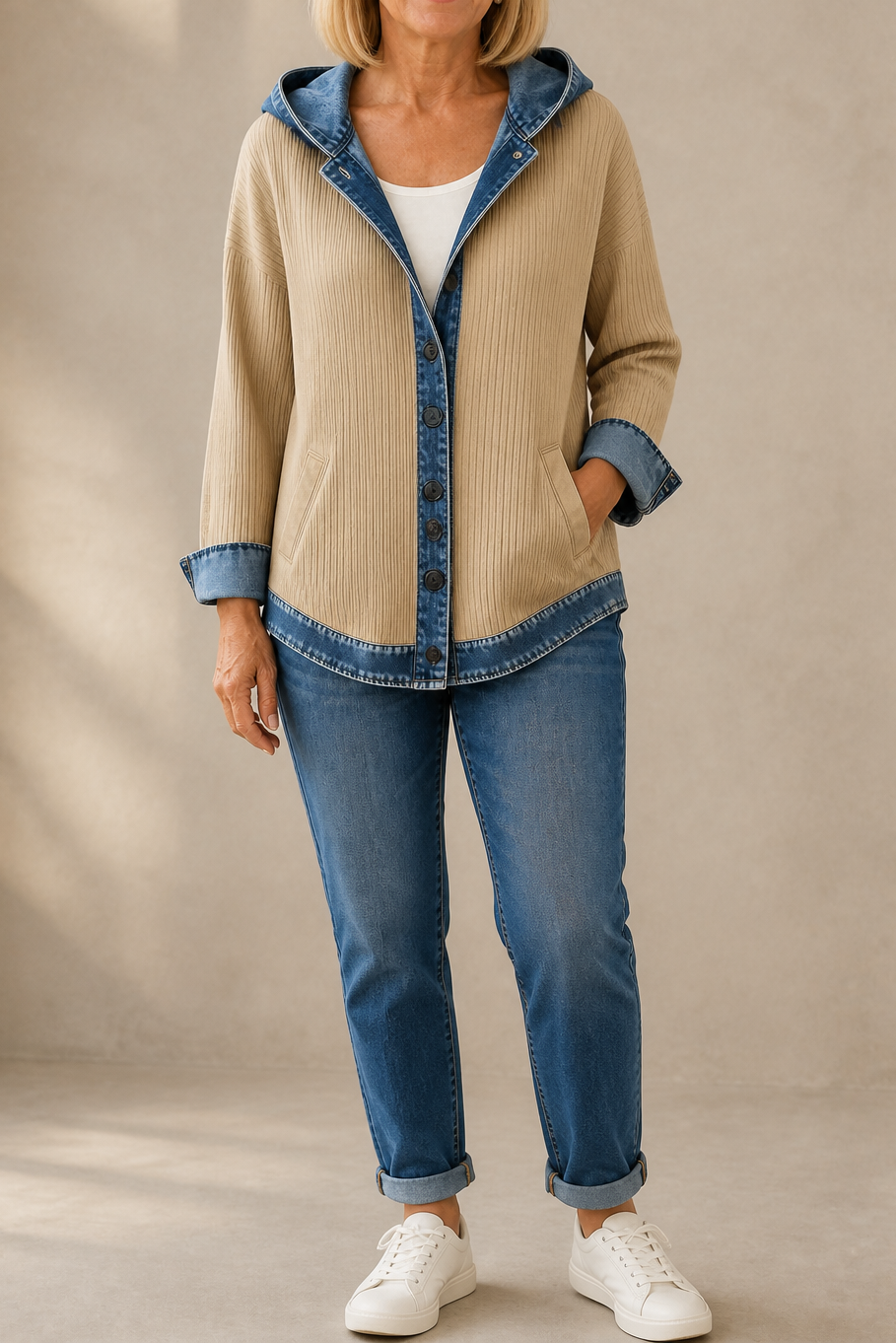 Rosalind | Women's Denim-Trim Hooded Knit Cardigan