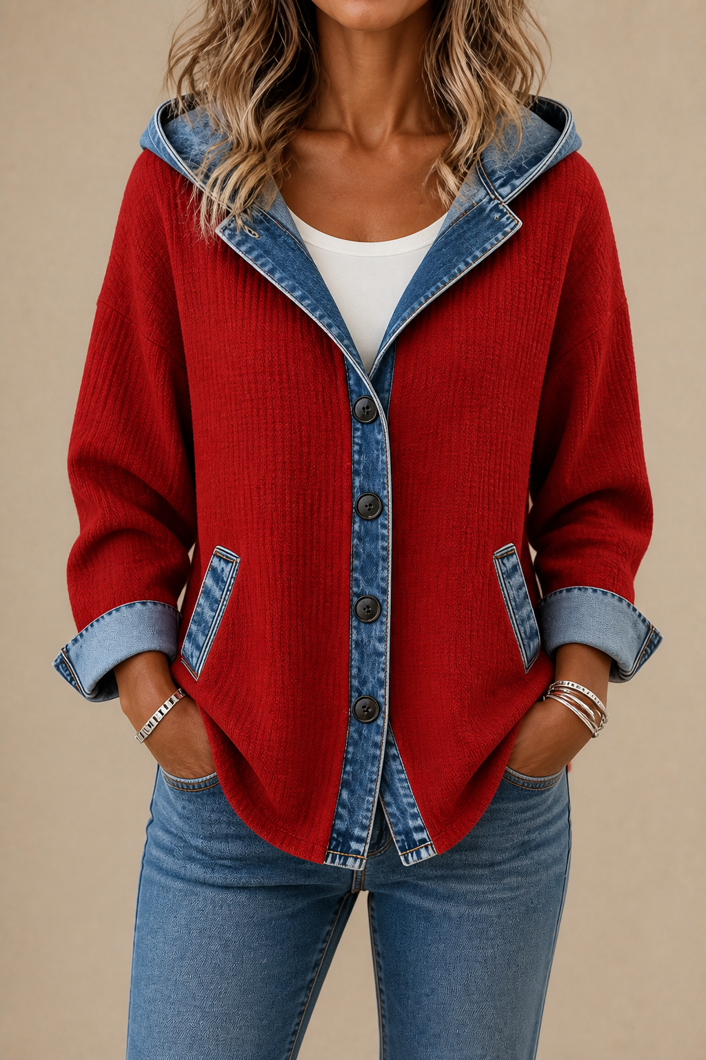 Rosalind | Women's Denim-Trim Hooded Knit Cardigan