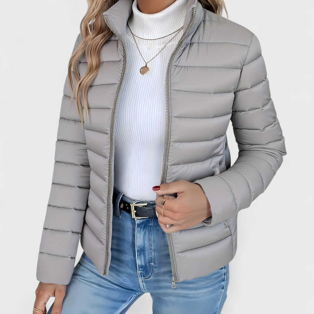 Vienna quilted puffer jacket in cream, close-up front view