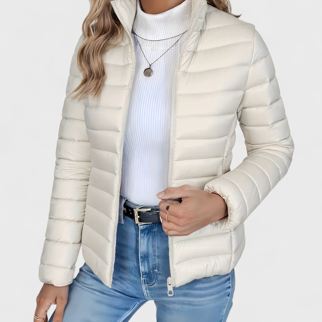 Vienna quilted puffer jacket in cream, close-up front view