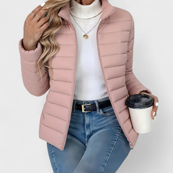 Vienna quilted puffer jacket in cream, close-up front view
