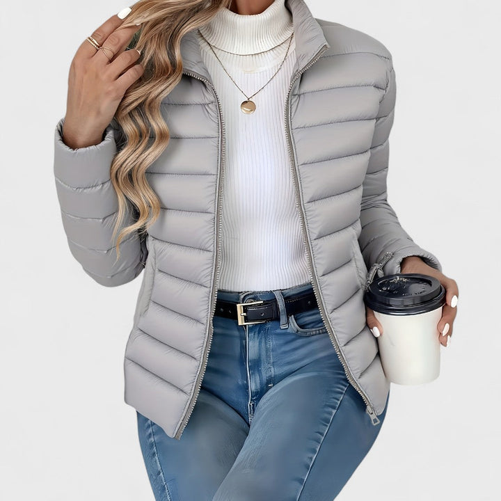 Vienna quilted puffer jacket in cream, close-up front view