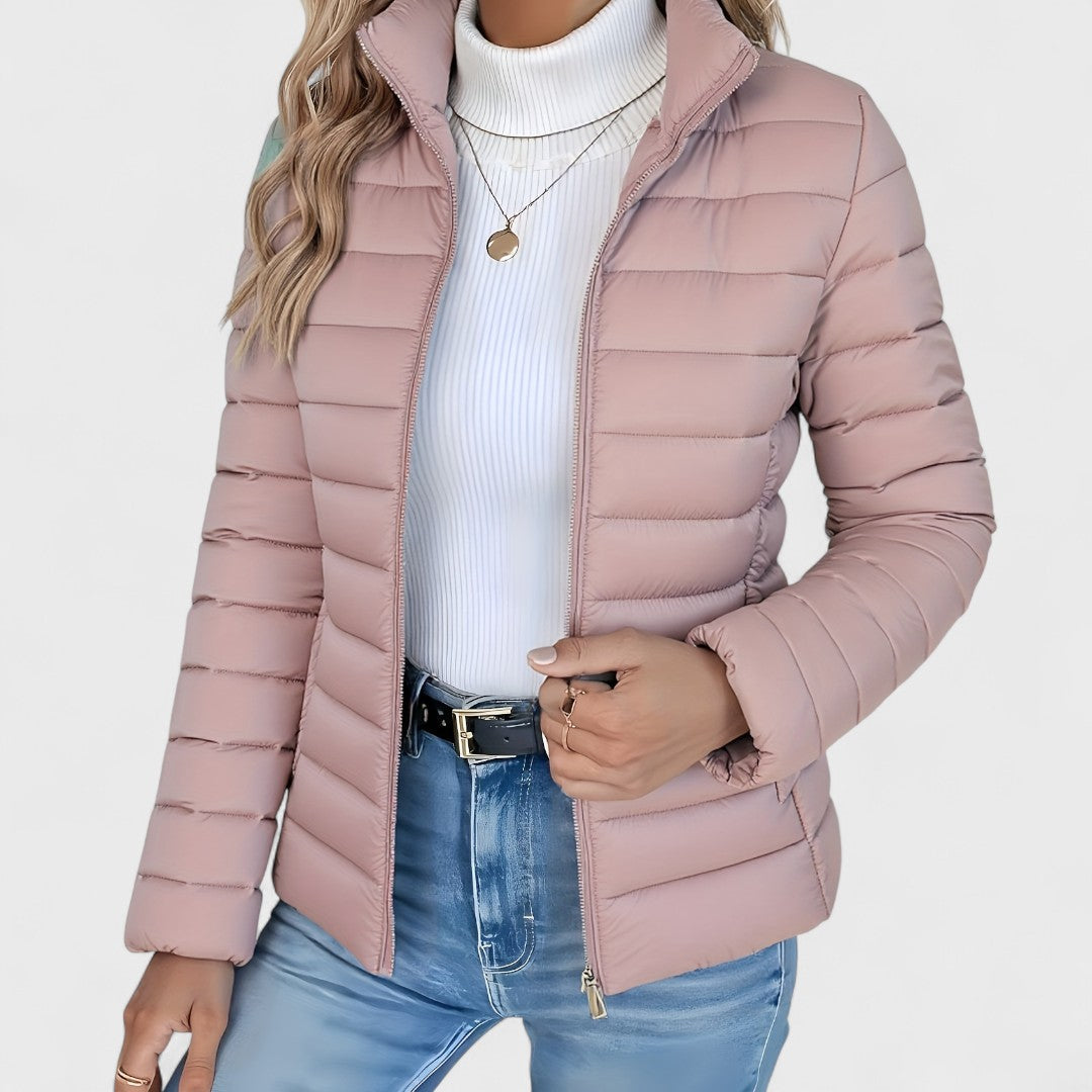 Vienna quilted puffer jacket in cream, close-up front view