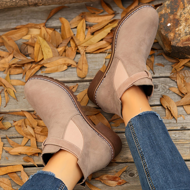 Brown Vivienne Chelsea boots showing heel height measurement of 4cm