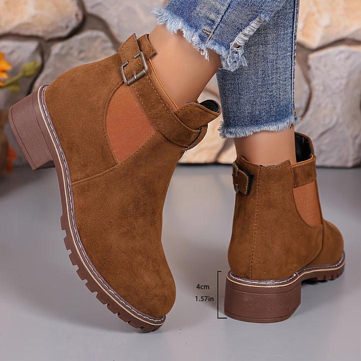 Brown Vivienne Chelsea boots showing heel height measurement of 4cm