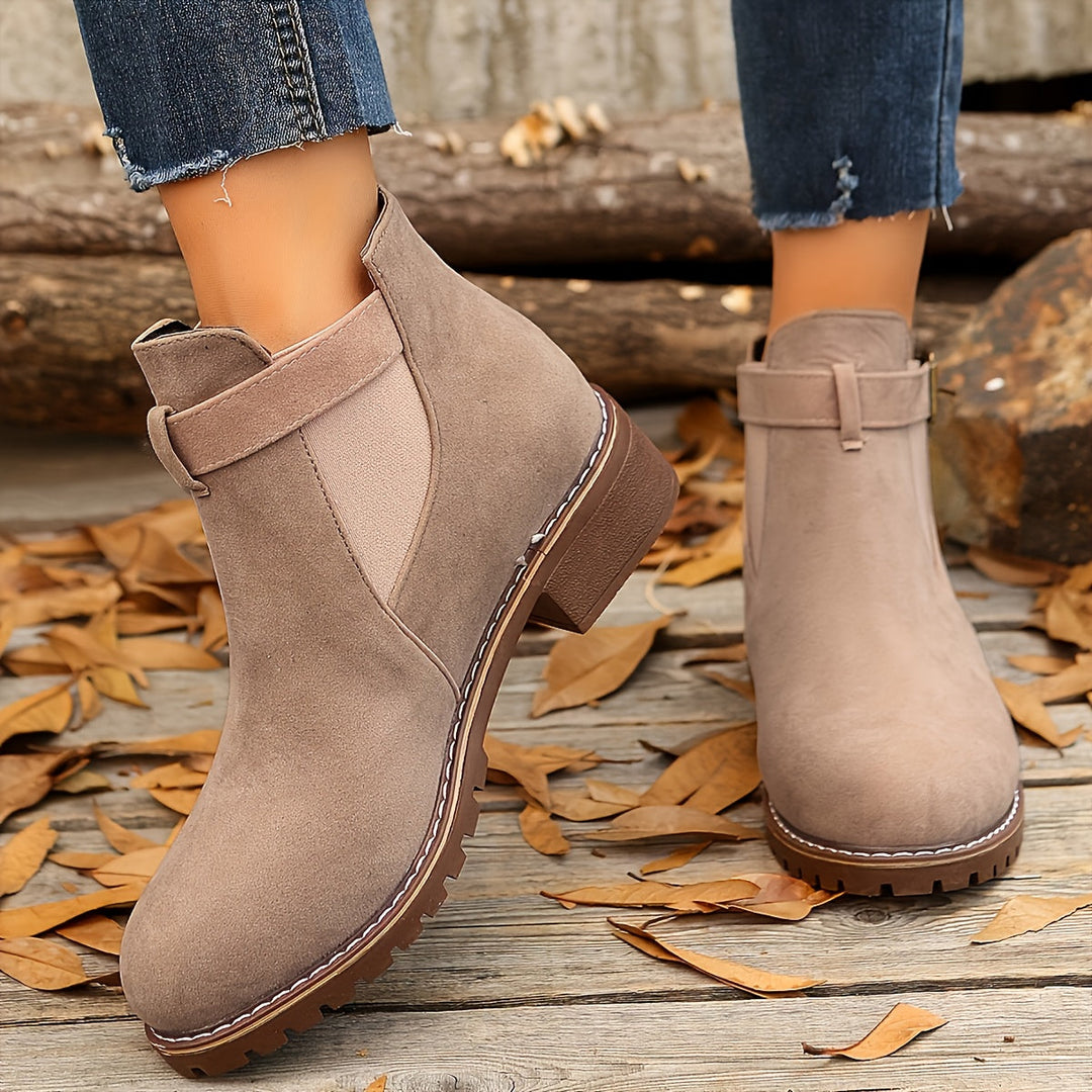 Taupe Vivienne Chelsea boots worn on model, front and side view
