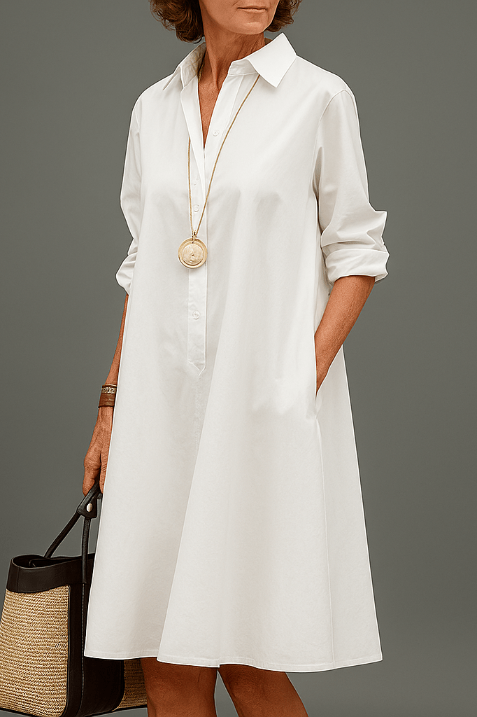 Vivienne collared button-down long sleeve midi dress, front view close-up