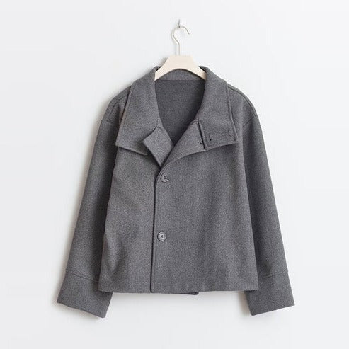 Vivienne double breasted short coat in gray on hanger, front view