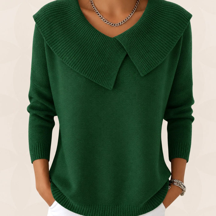 Vivienne draped collar knit sweater in green, front view