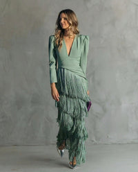 Vivienne | Women's Fringe V-Neck Fall Maxi Dress