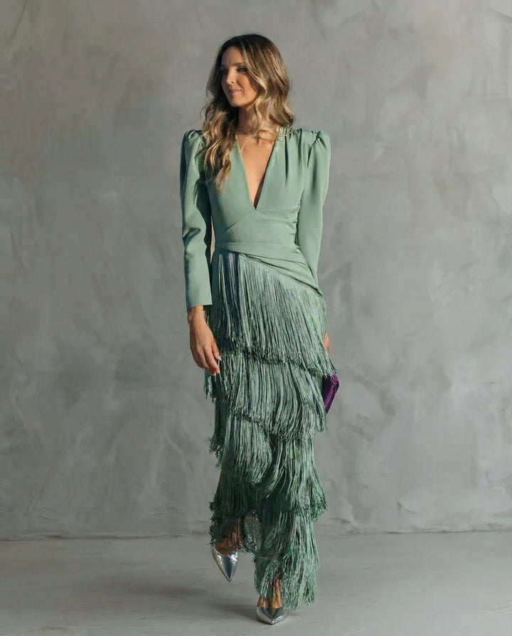 Vivienne green fringe V-neck long sleeve maxi dress, front view