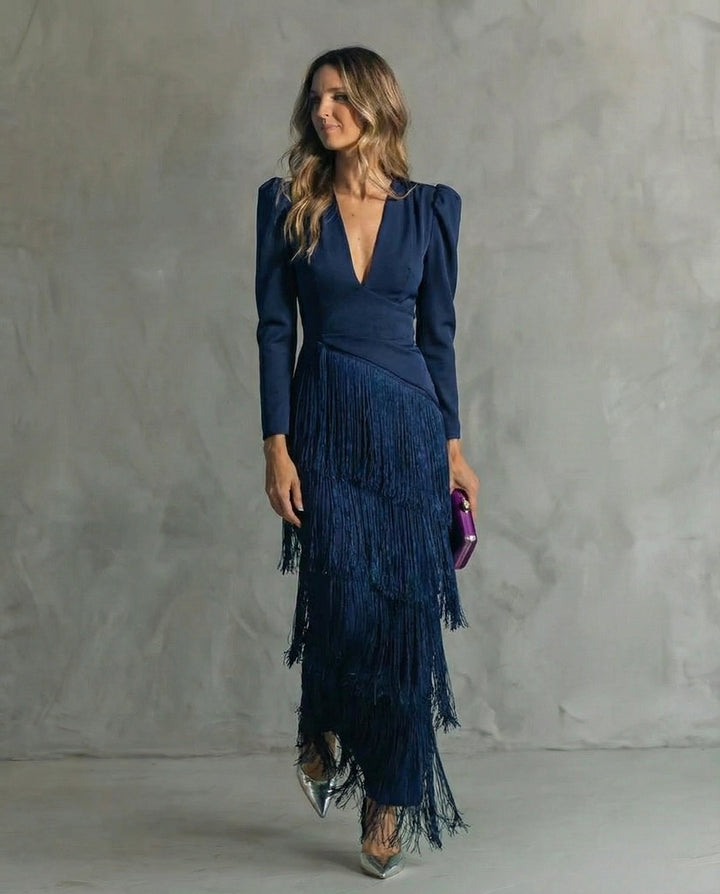 Vivienne navy fringe V-neck long sleeve maxi dress, front view