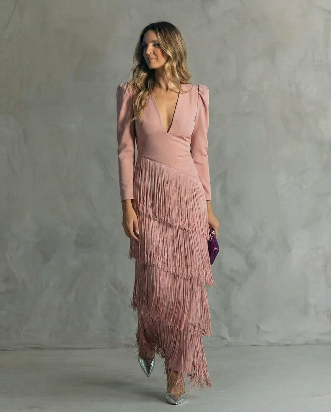 Vivienne pink fringe V-neck long sleeve maxi dress, front view