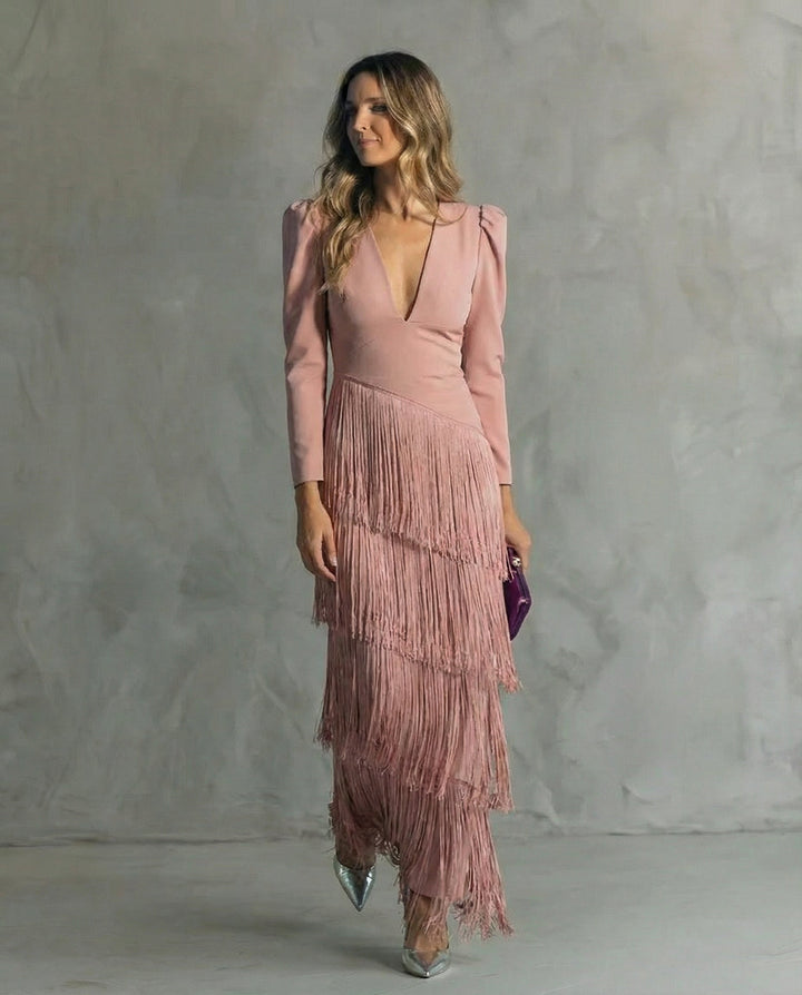 Vivienne pink fringe V-neck long sleeve maxi dress, front view