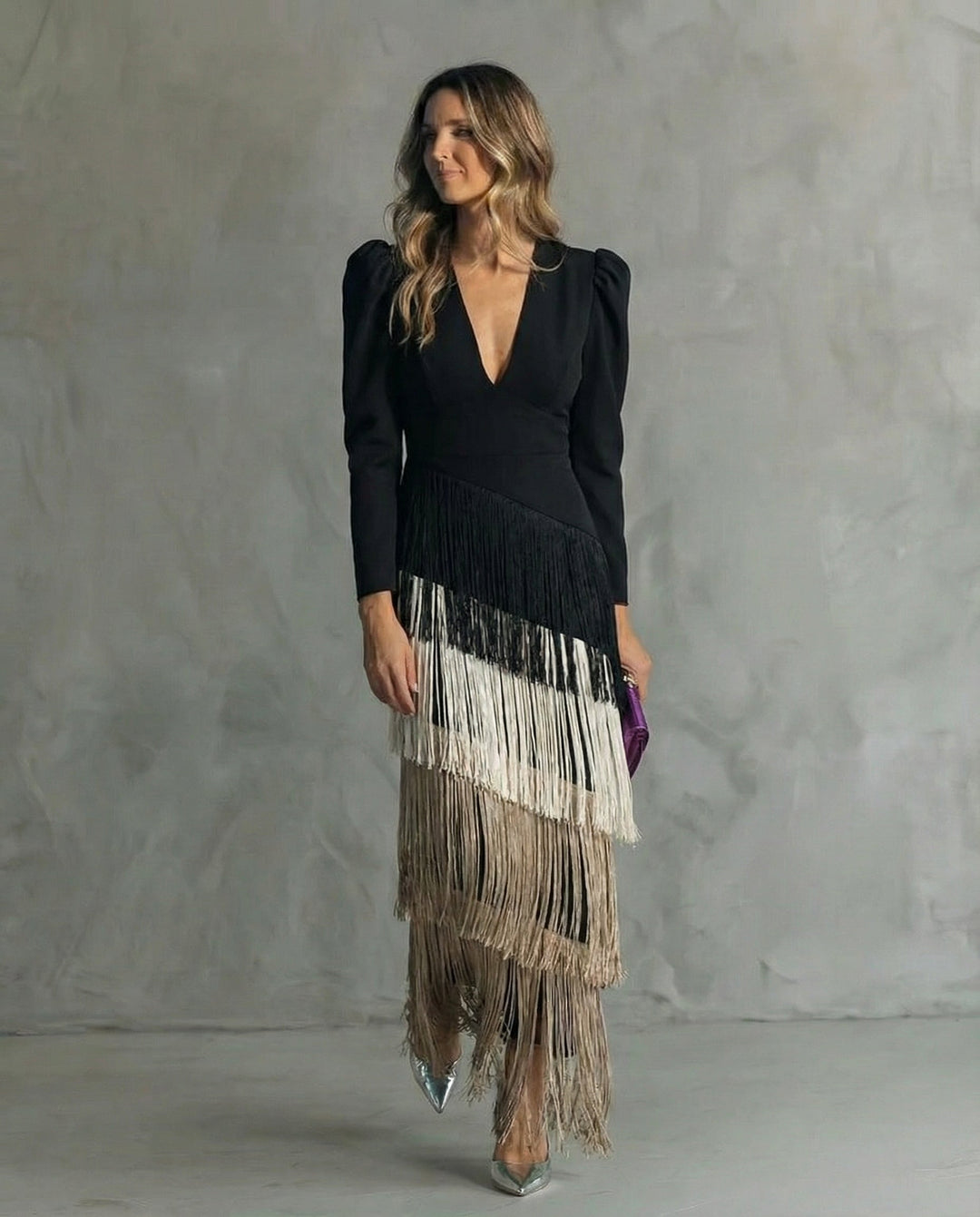 Vivienne black and multicolor fringe V-neck long sleeve maxi dress, front view