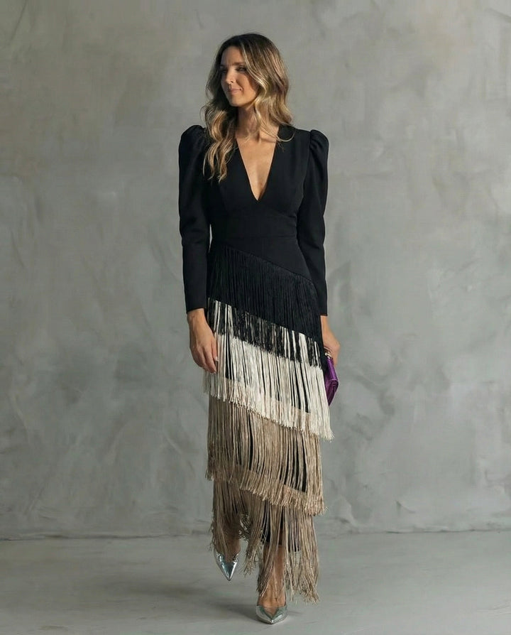 Vivienne black and multicolor fringe V-neck long sleeve maxi dress, front view