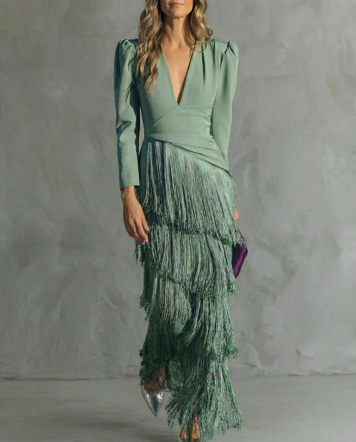 Vivienne green fringe V-neck long sleeve maxi dress, close-up front view