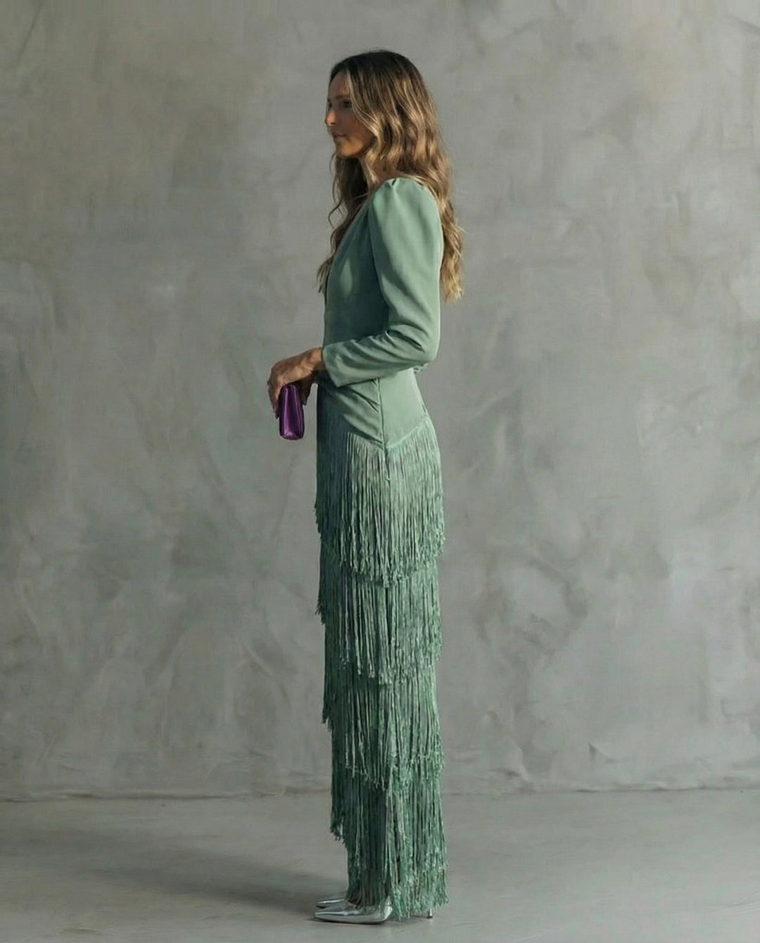 Vivienne green fringe V-neck long sleeve maxi dress, side profile view