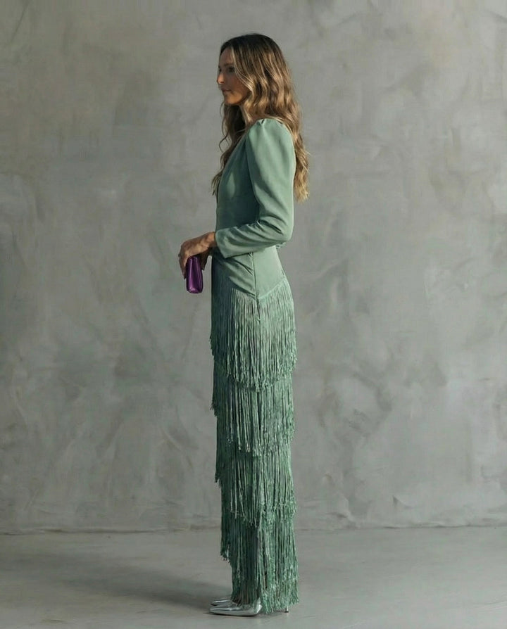 Vivienne green fringe V-neck long sleeve maxi dress, side profile view