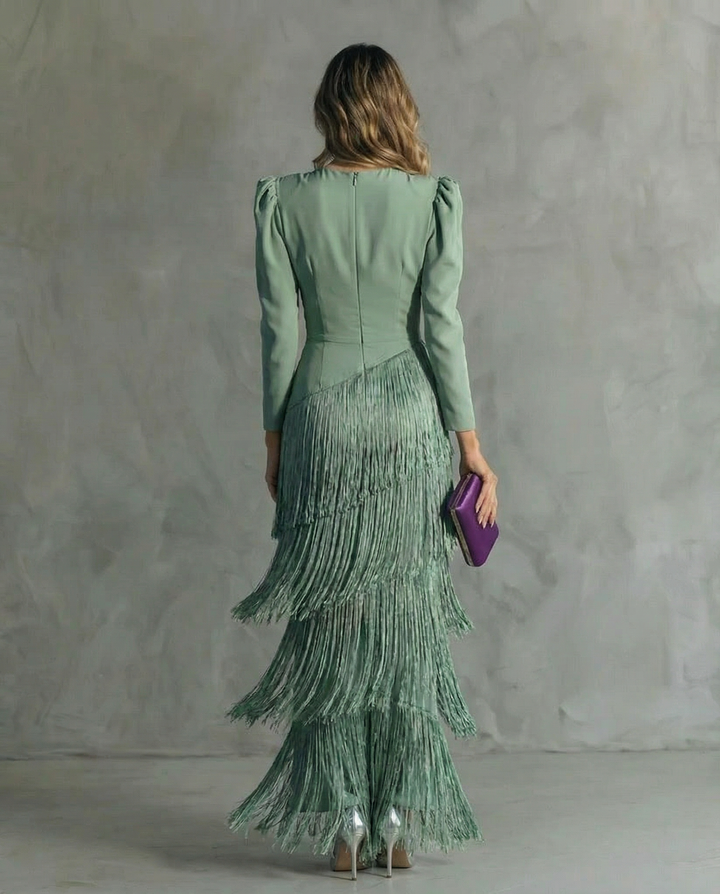 Vivienne green fringe V-neck long sleeve maxi dress, back view