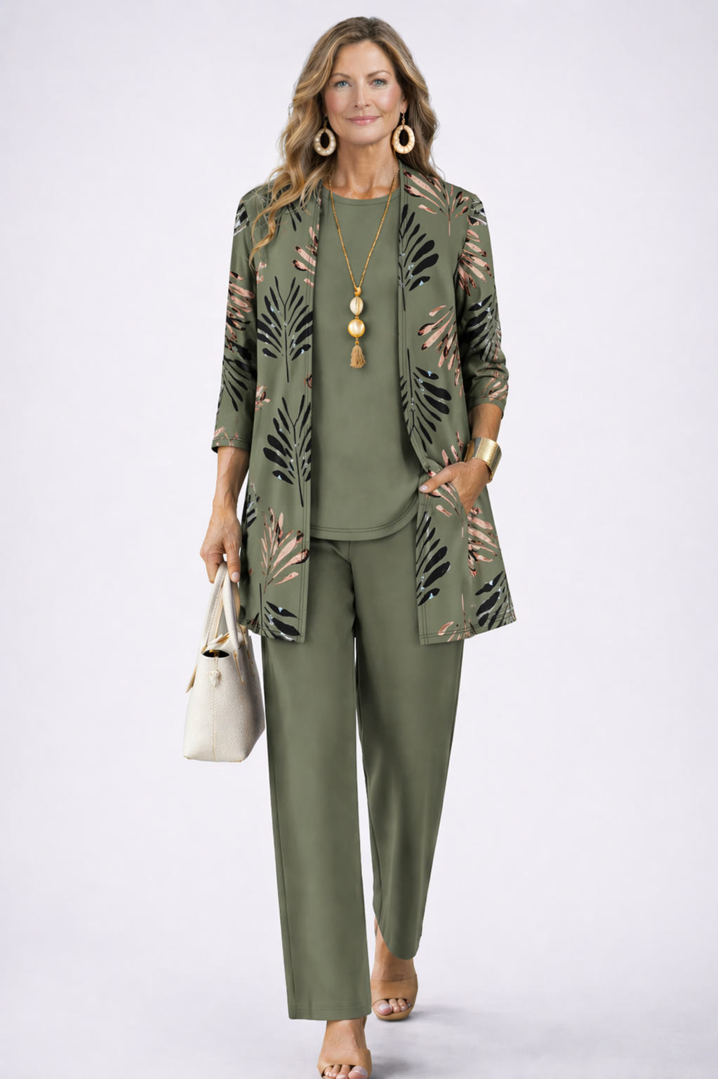 Vivienne printed open front cardigan three-piece set in olive green leaf print, front view