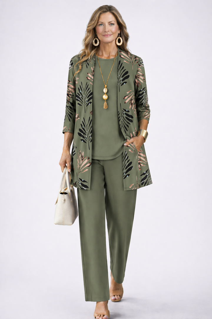 Vivienne printed open front cardigan three-piece set in olive green leaf print, front view